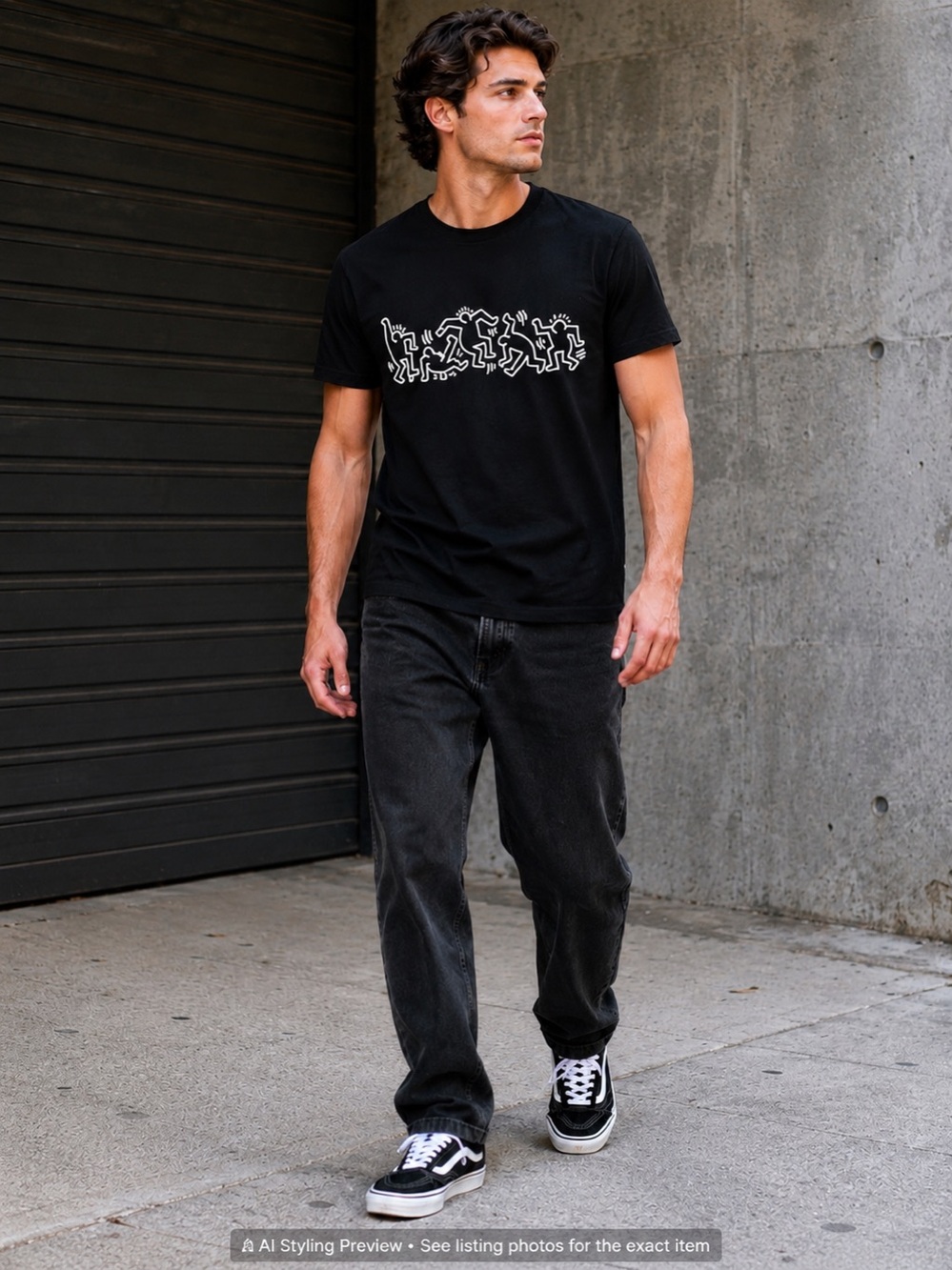 Keith Haring Graphic T Shirt Medium Black Dancing Figures Streetwear Art Tee